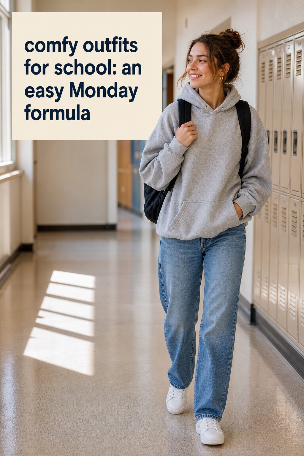 comfy outfits for school with a gray hoodie, jeans, and white sneakers