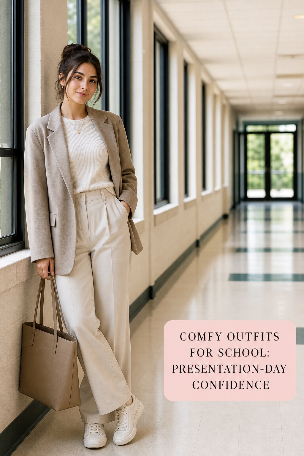 comfy outfits for school with a soft knit, relaxed trousers, and a blazer