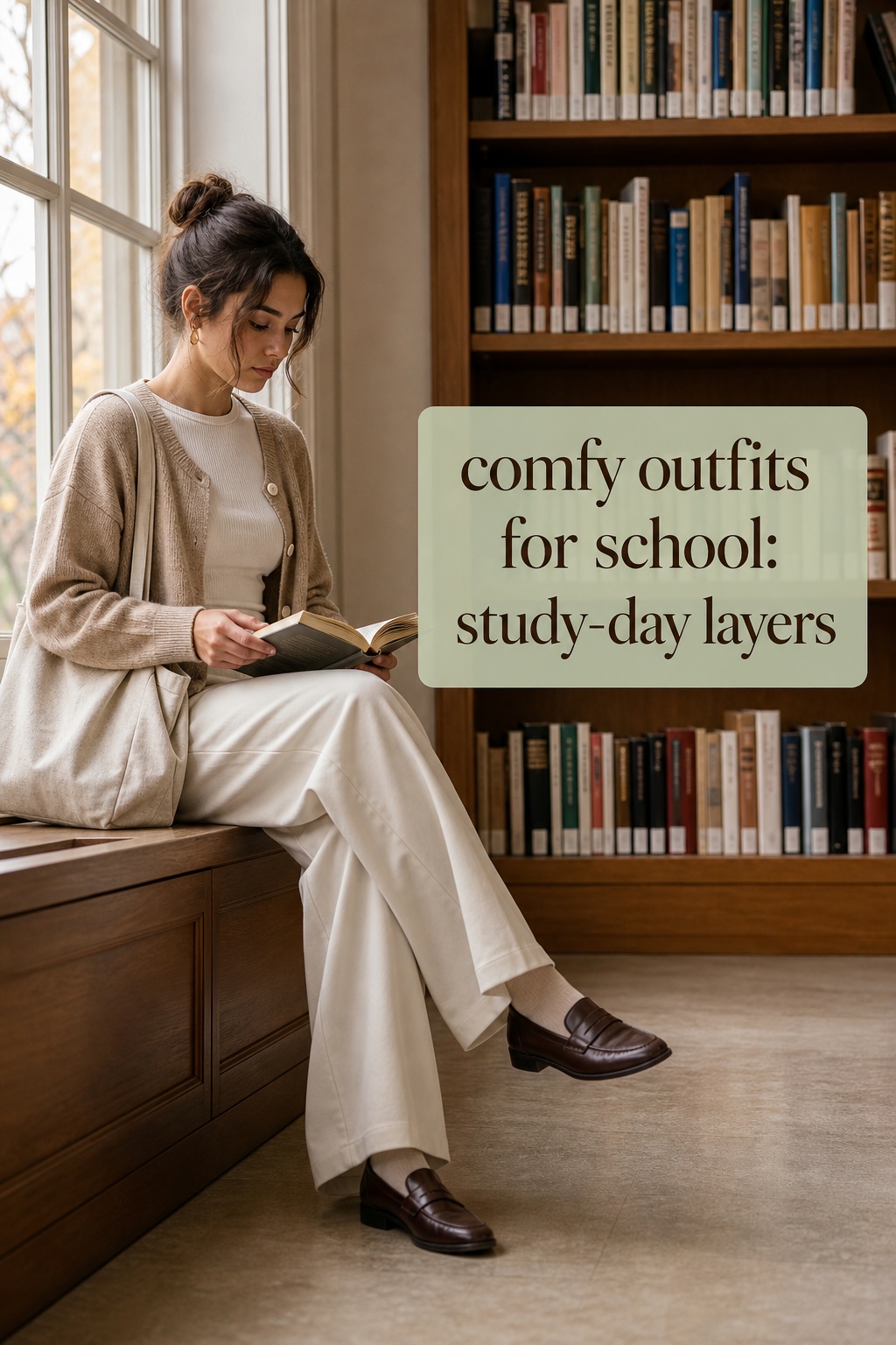 comfy outfits for school with a fine knit, wide-leg trousers, and loafers