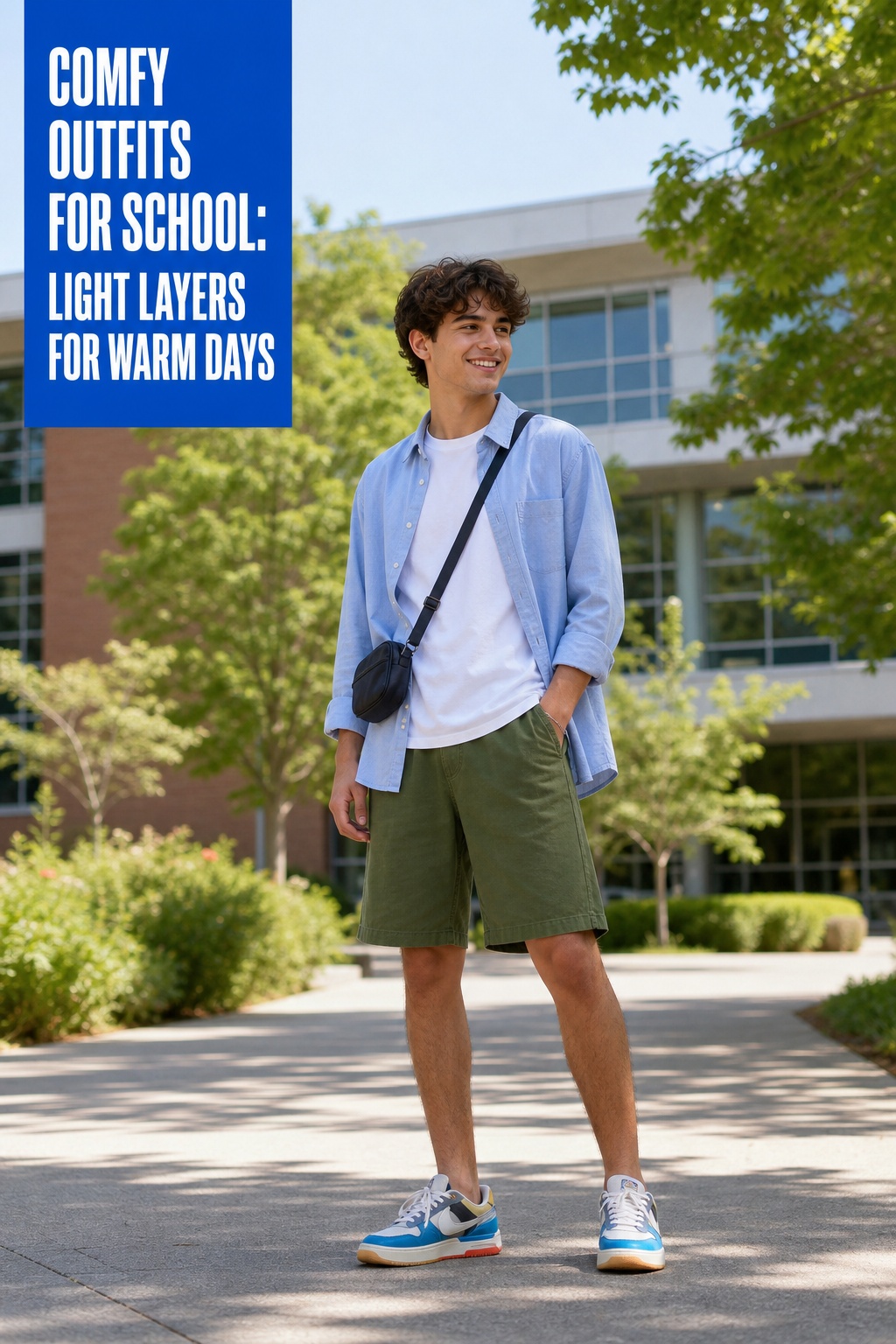 comfy outfits for school with a white tee, Bermuda shorts, and colorful sneakers
