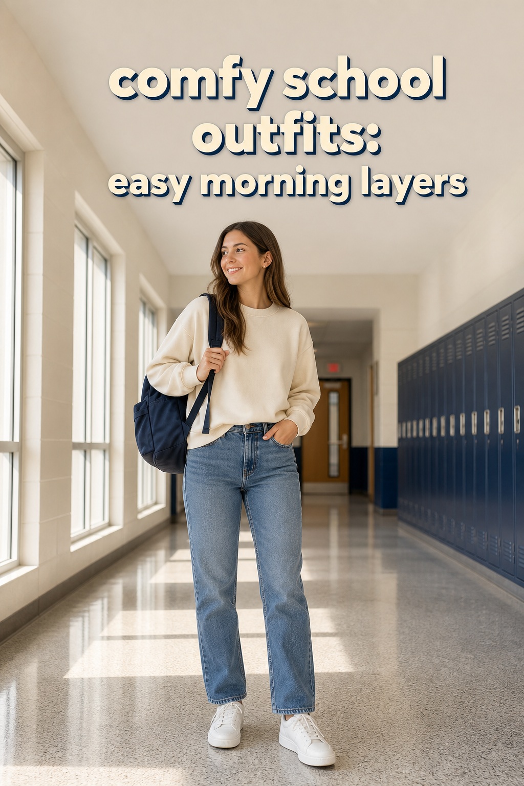 comfy school outfits with cream sweatshirt, straight jeans, white sneakers, and navy backpack in a school hallway