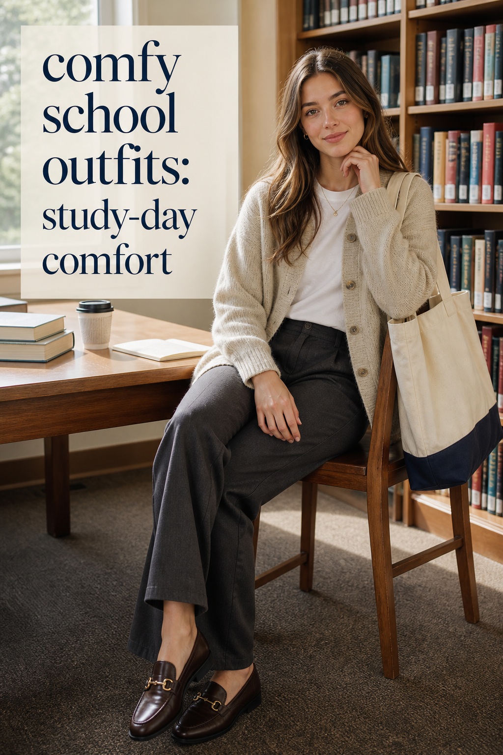 comfy school outfits with oatmeal cardigan, white tee, charcoal trousers, loafers, and tote in a library