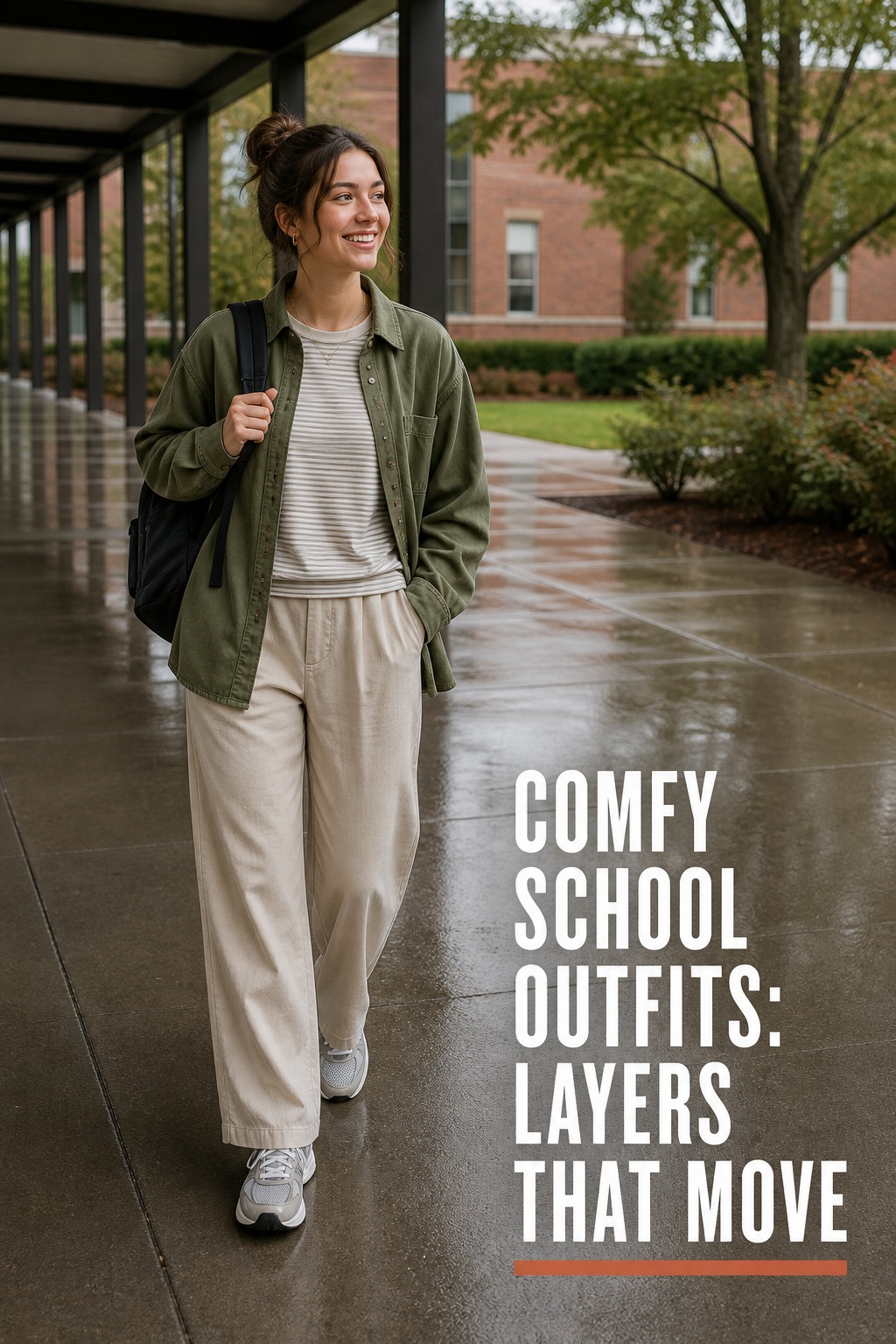comfy school outfits with olive overshirt, striped tee, wide trousers, sneakers, and backpack after rain
