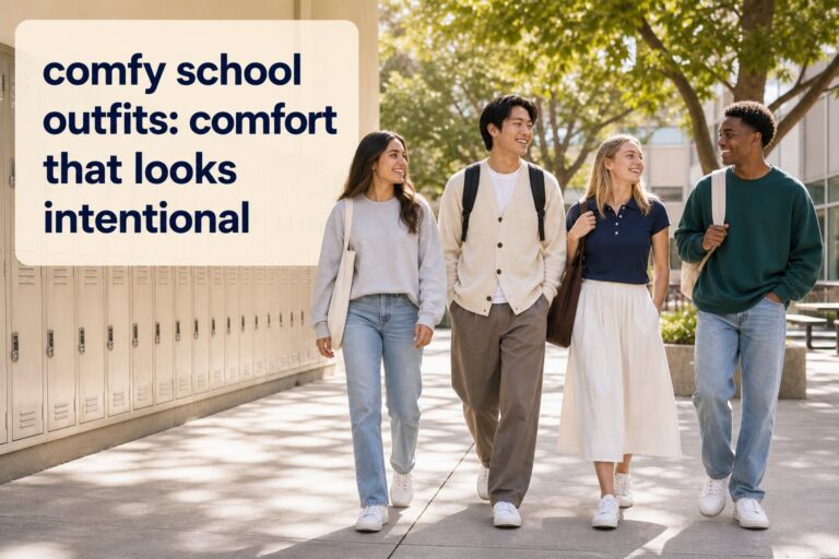comfy school outfits with coordinated students in sweatshirts, cardigans, skirts, trousers, and sneakers in a courtyard