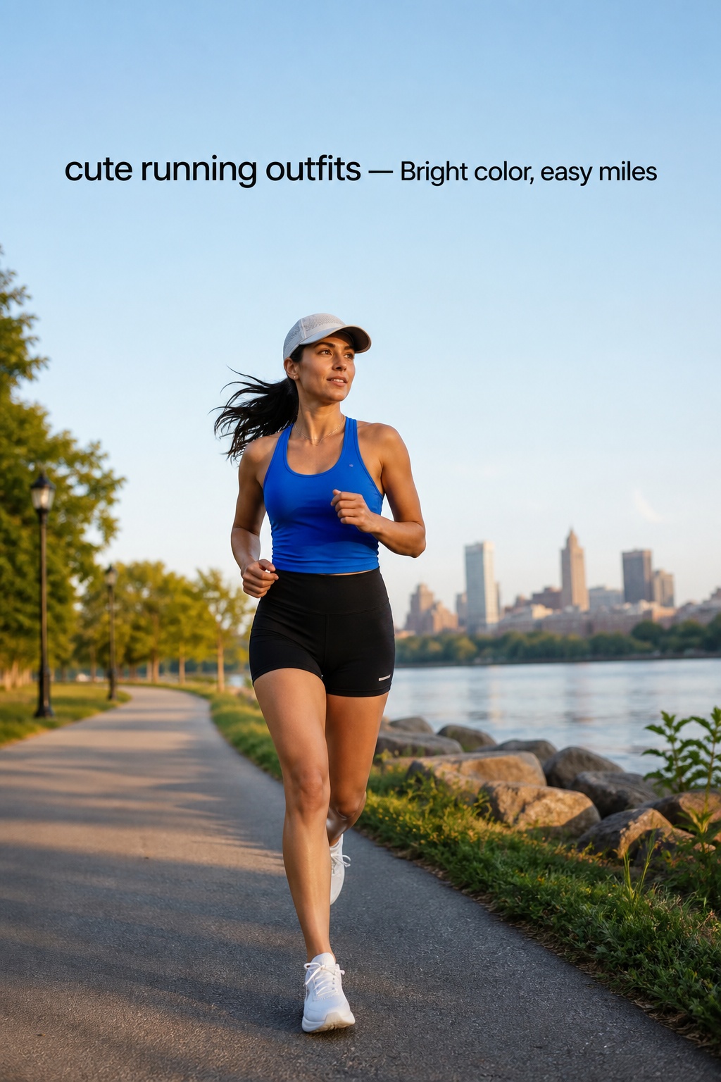 Cute running outfits with a cobalt tank and black shorts on a city park run