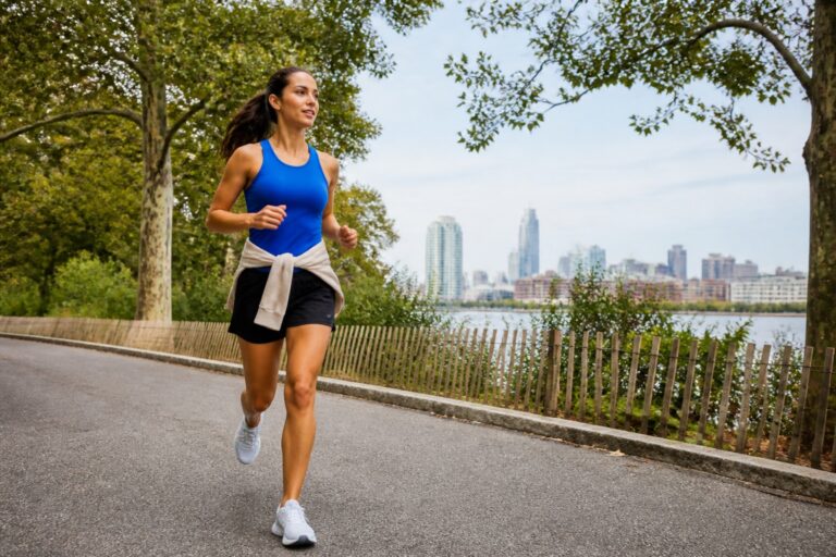 Runner in a cobalt tank and black shorts in a leafy city park