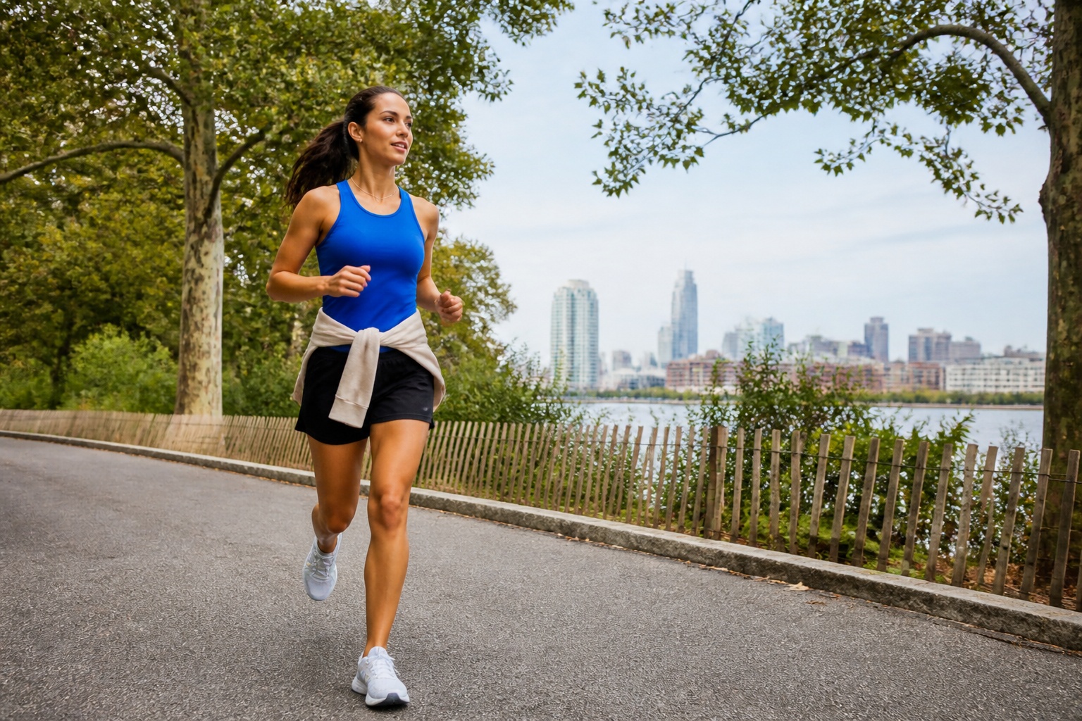 Runner in a cobalt tank and black shorts in a leafy city park