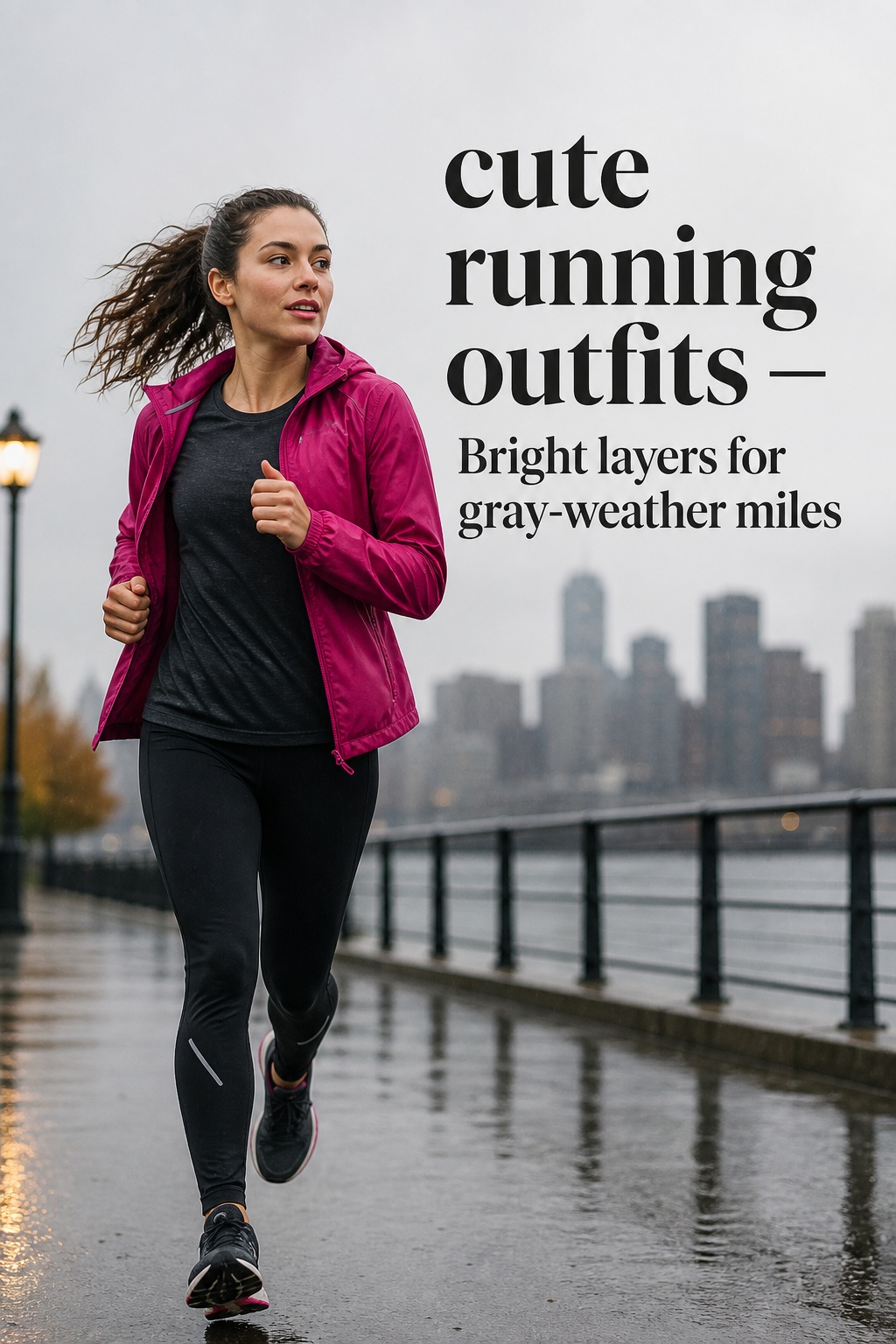 Cute running outfits with a berry rain shell on a wet urban path