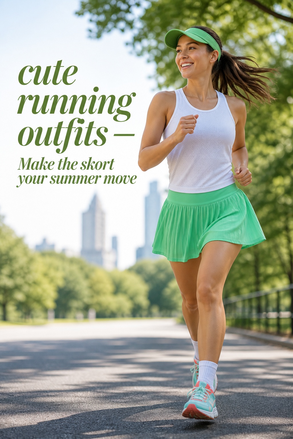 Cute running outfits with a green skort and white tank for summer miles