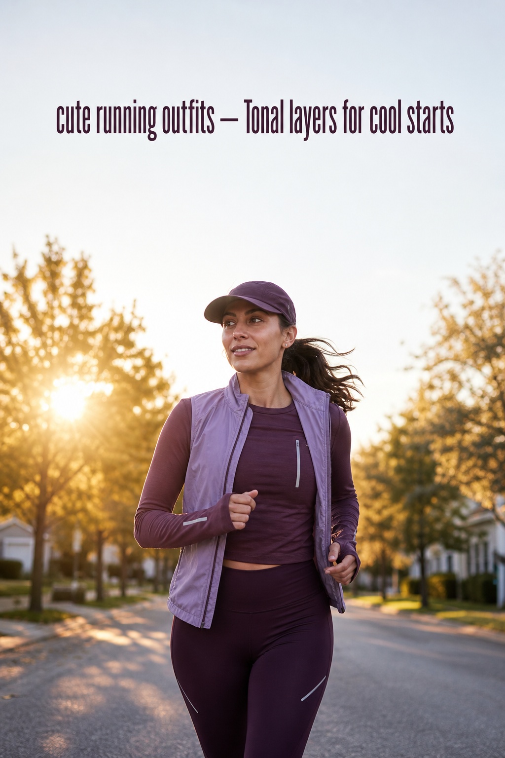 Cute running outfits in plum layers with a reflective vest for a cool start