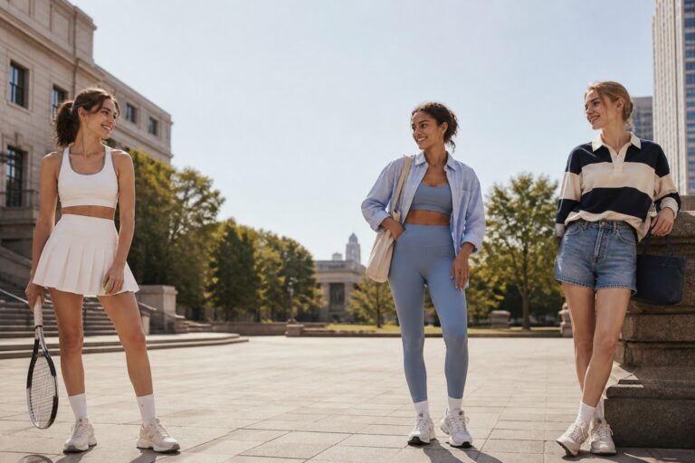 cute sporty outfits shown as three polished everyday looks in a sunny city plaza