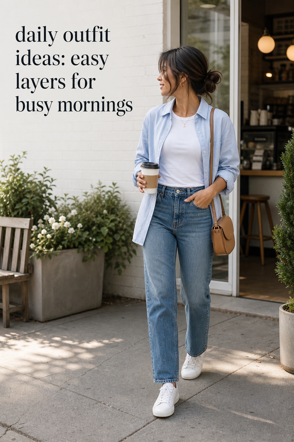 daily outfit ideas with straight jeans white tee blue shirt and sneakers at a cafe