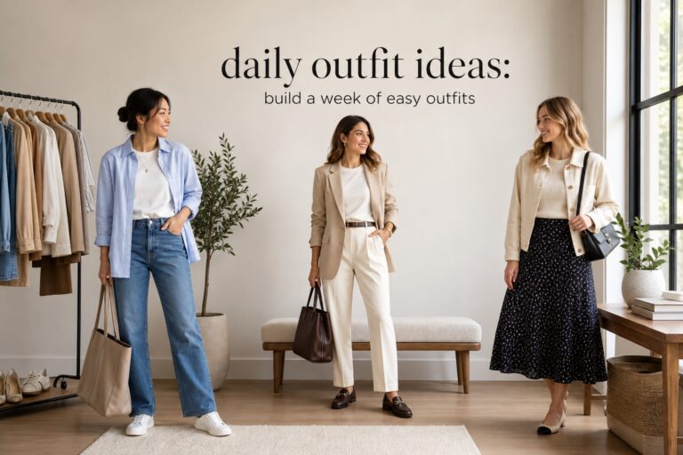 daily outfit ideas capsule wardrobe with three women in everyday looks