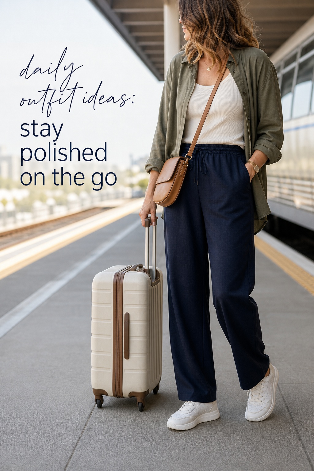 daily outfit ideas with navy trousers olive overshirt sneakers and crossbody bag
