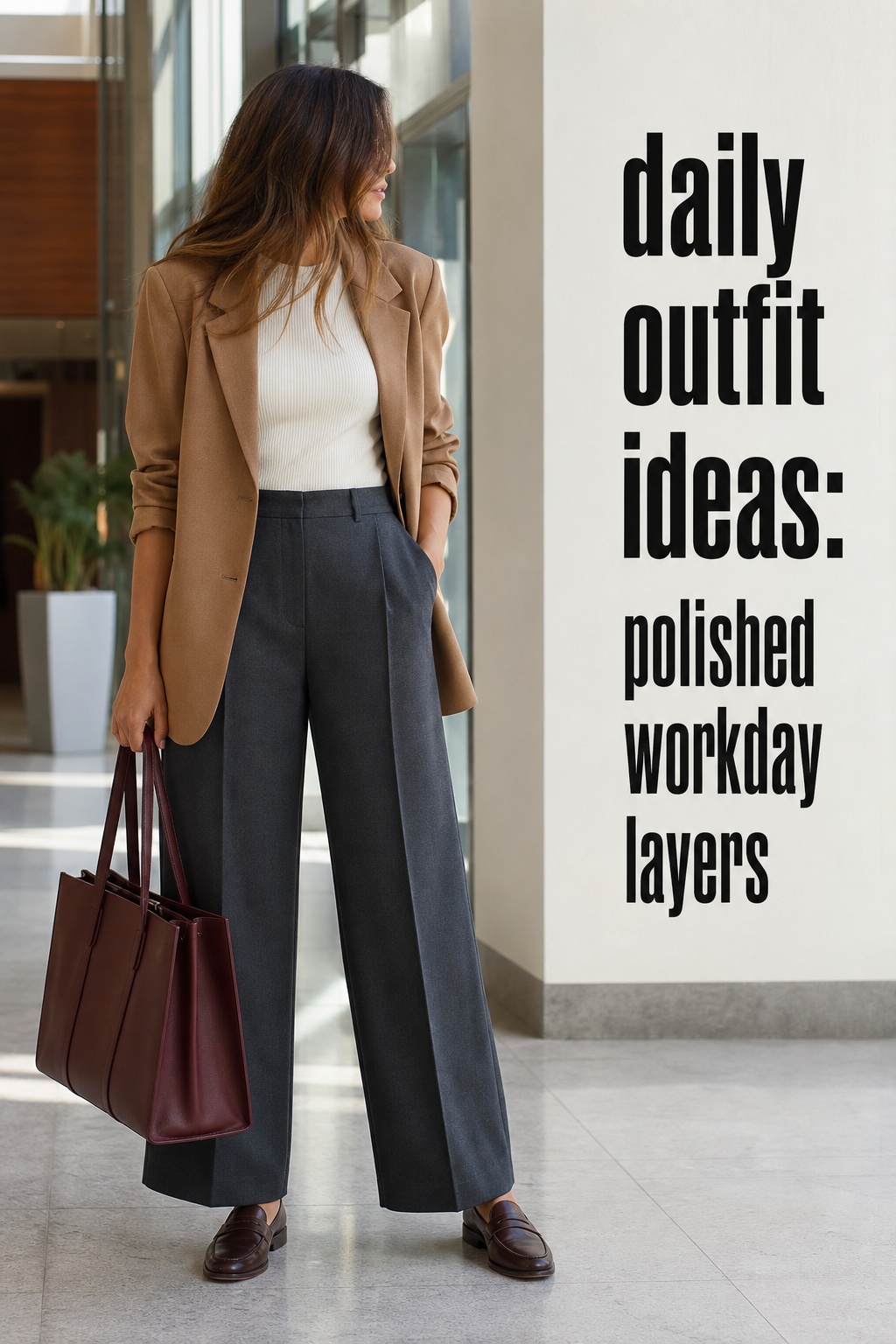 daily outfit ideas with charcoal trousers camel blazer loafers and burgundy tote