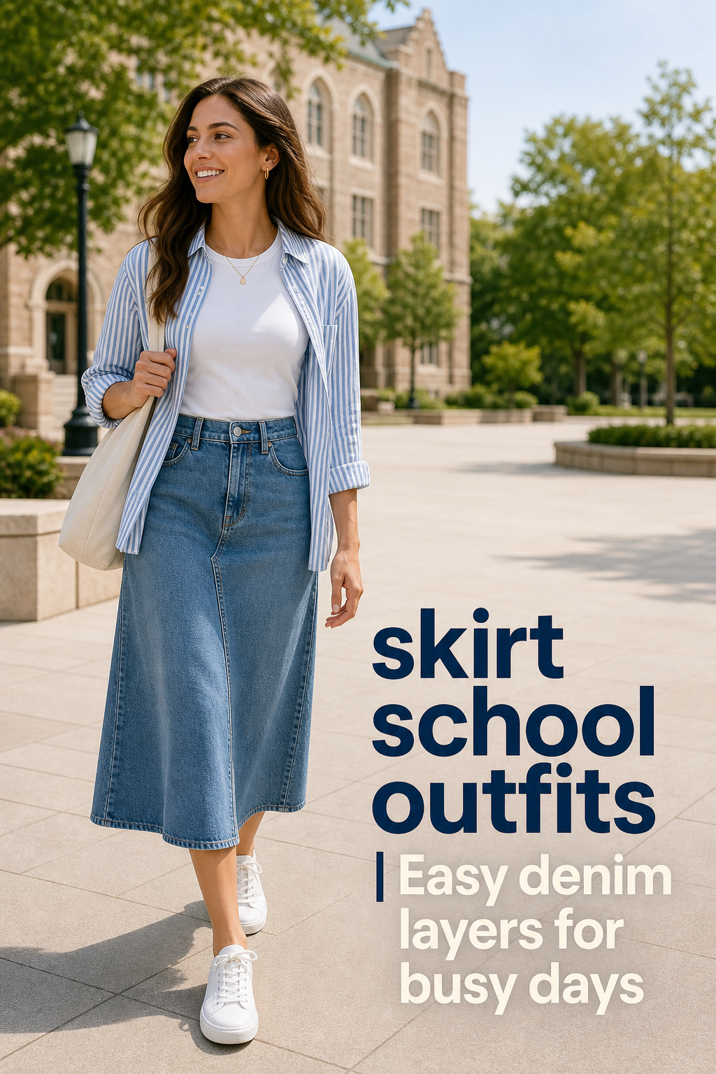 skirt school outfits with a denim A-line skirt and striped overshirt
