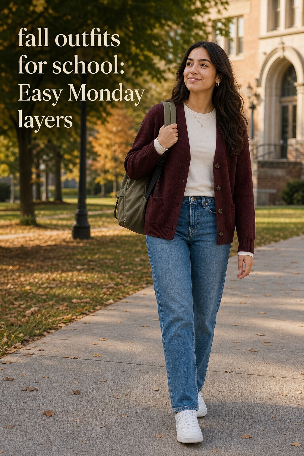 fall outfits for school with a burgundy cardigan, jeans and white sneakers
