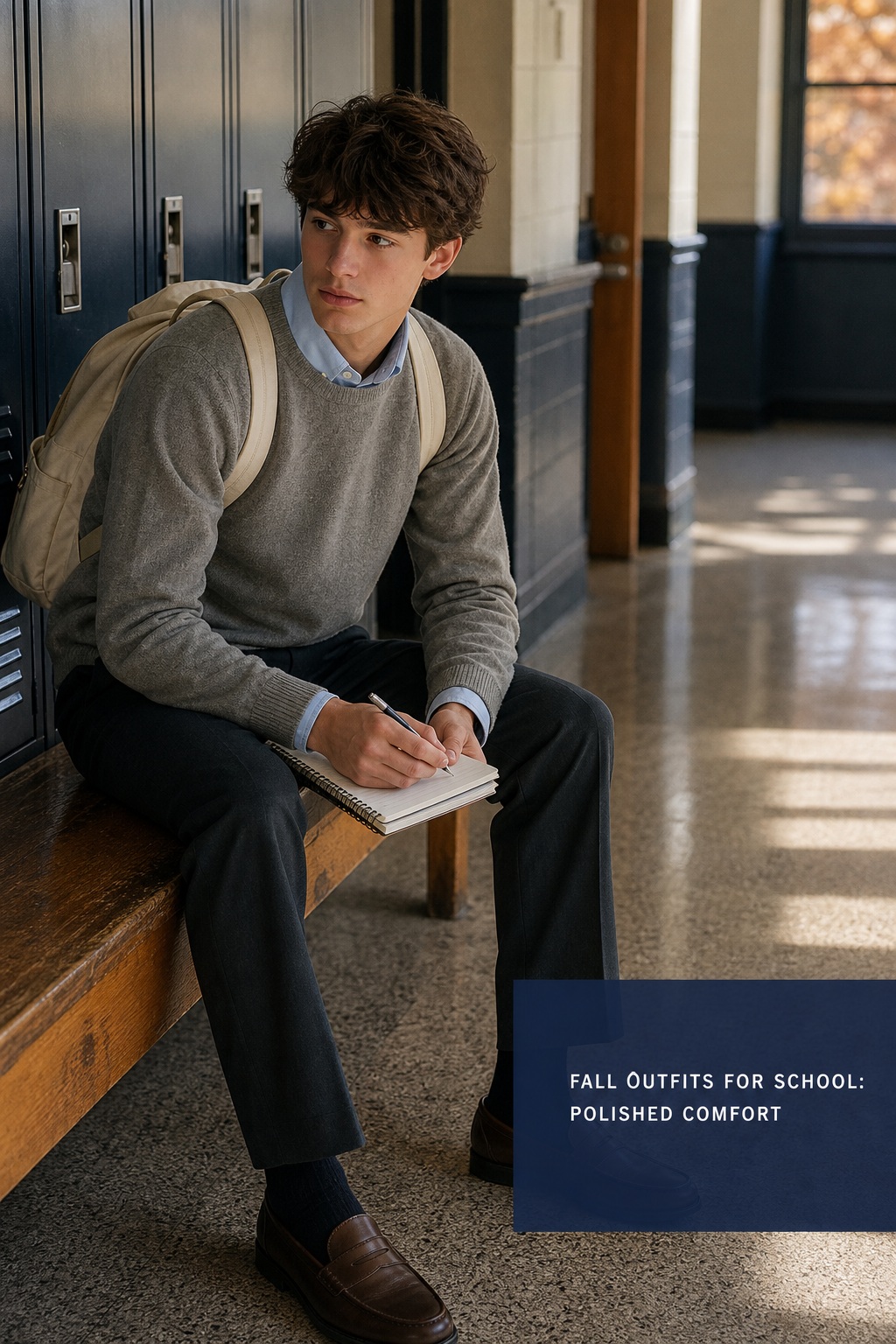 fall outfits for school with a gray sweater, collared shirt and loafers