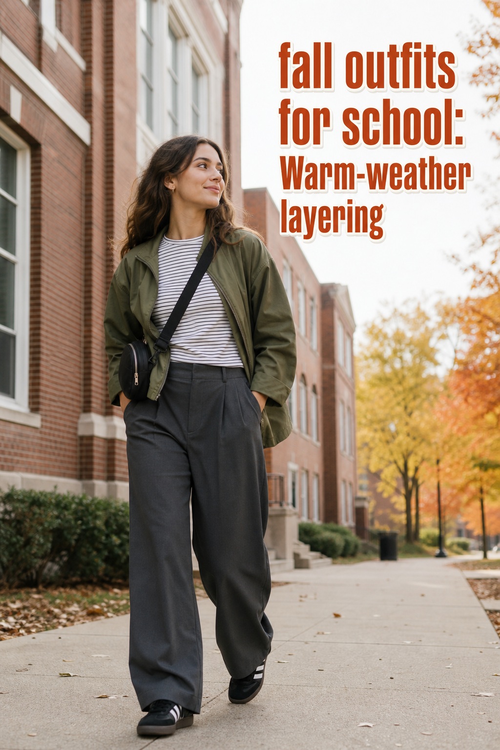 fall outfits for school with an olive jacket, striped tee and wide trousers