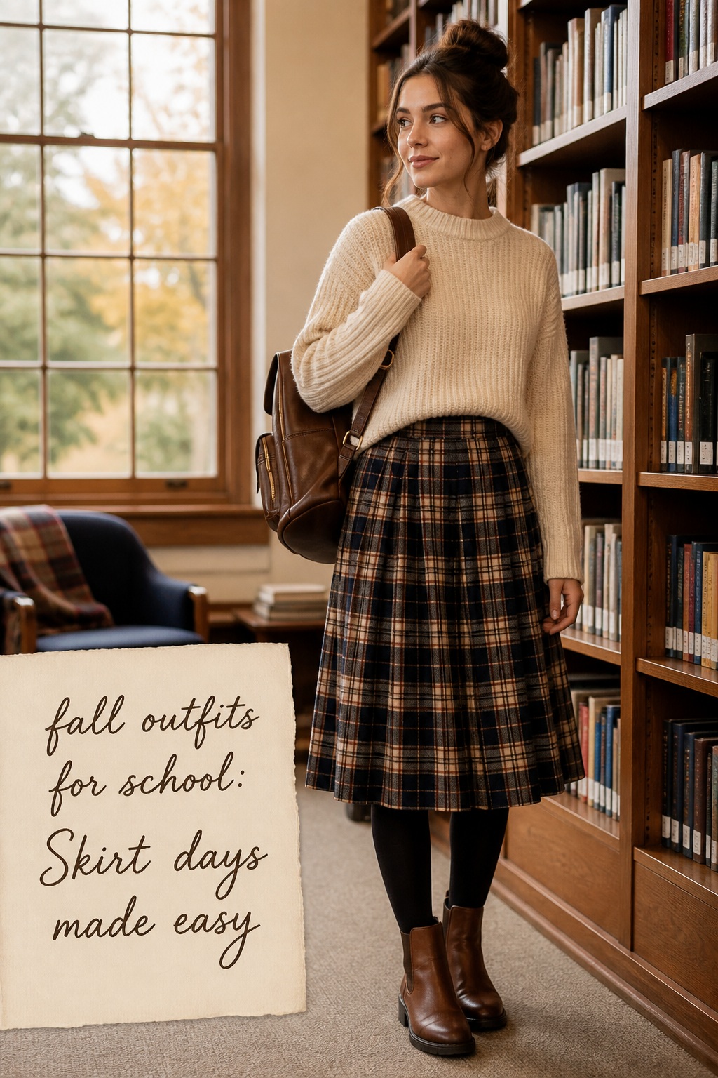 fall outfits for school with a plaid skirt, cream sweater and tights