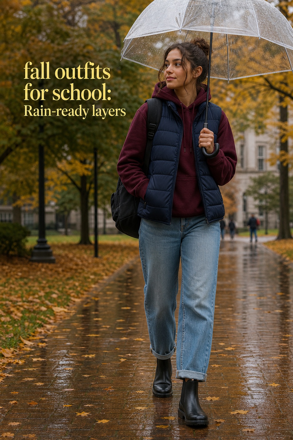 fall outfits for school with a puffer vest, hoodie, jeans and boots