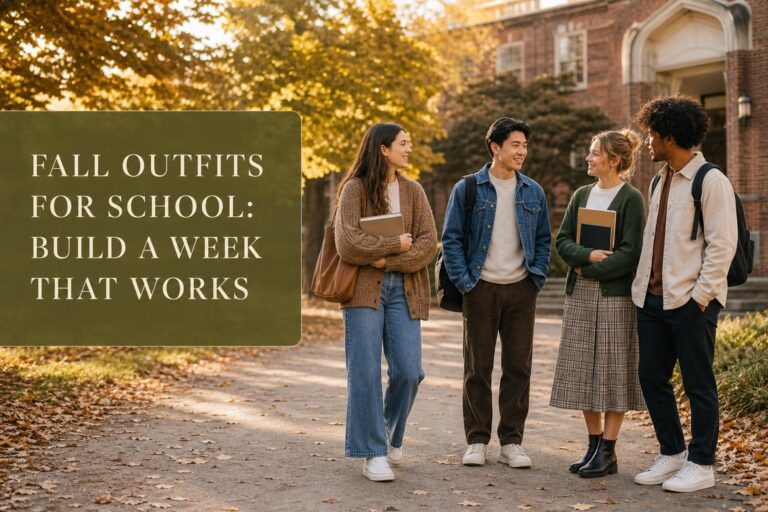 fall outfits for school capsule with cardigans, denim, trousers and skirts