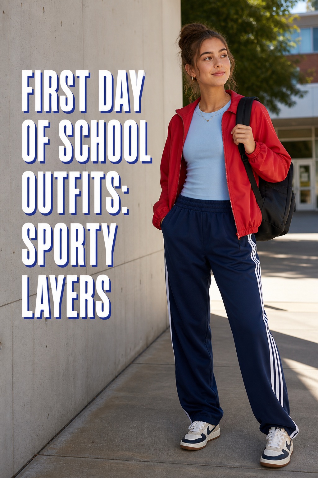 first day of school outfits with jersey polo dress, denim overshirt, white sneakers, and crossbody bag