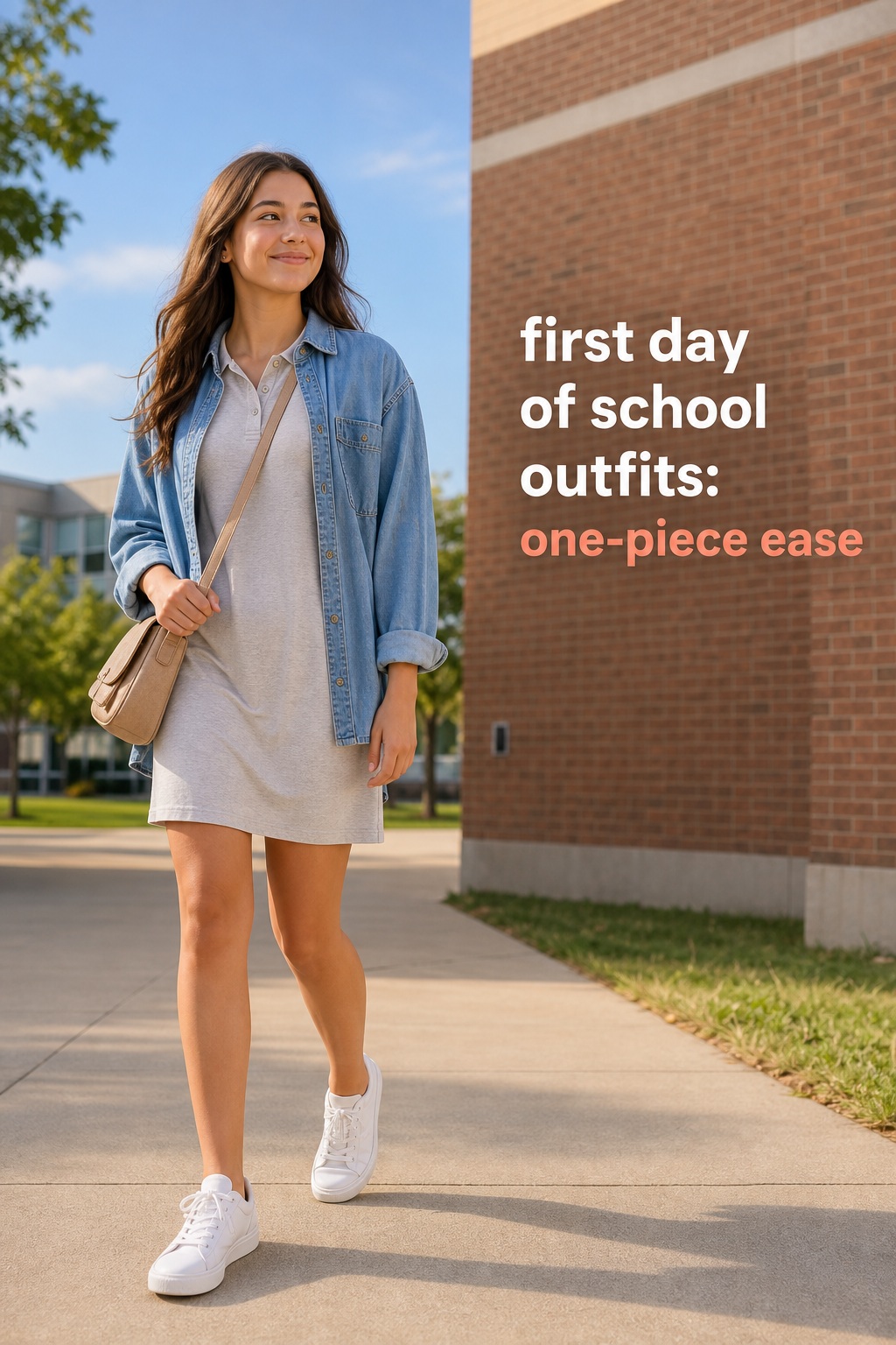 first day of school outfits with navy track pants, pale blue tee, red windbreaker, sneakers, and backpack