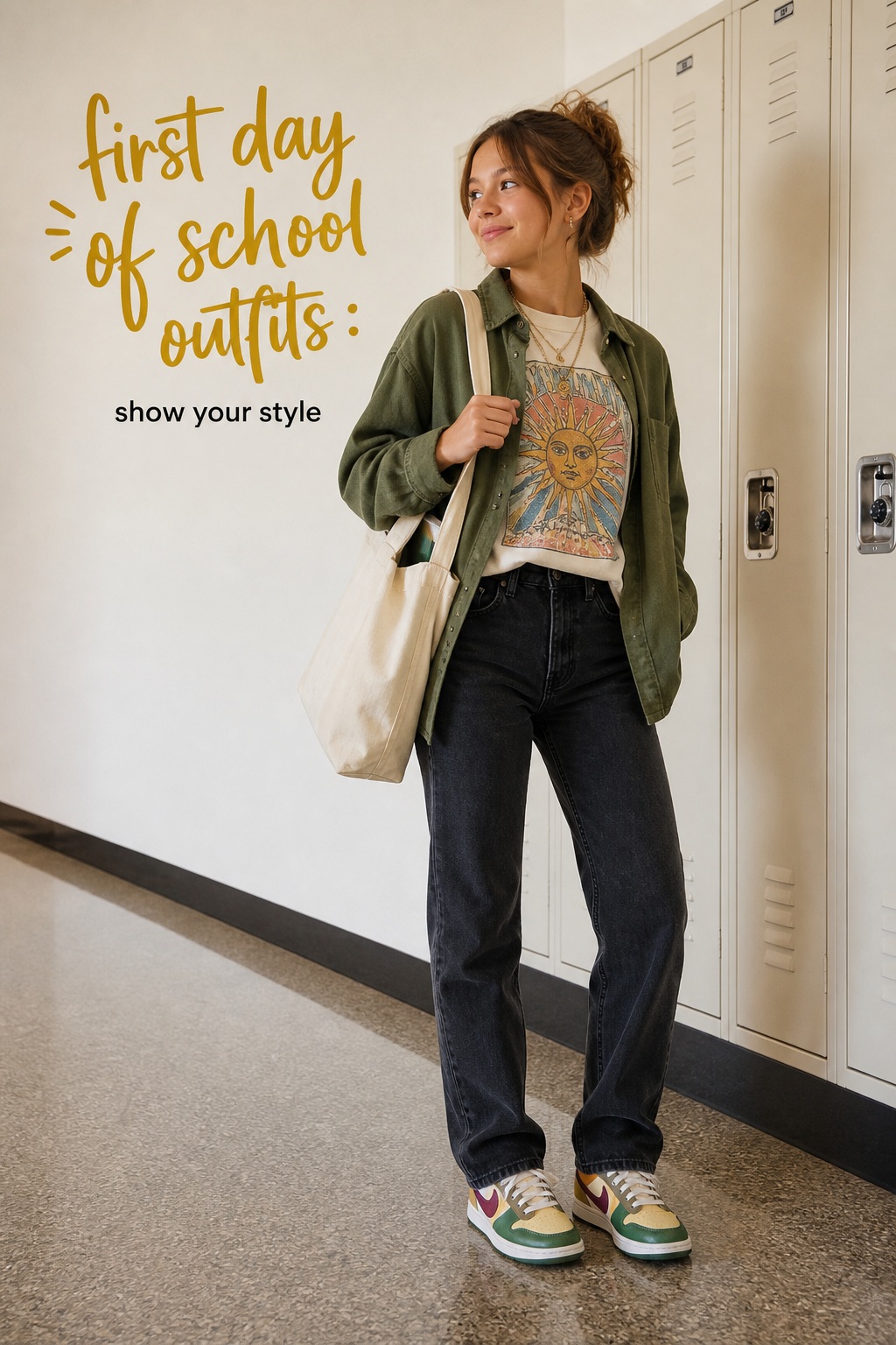 first day of school outfits with vintage graphic tee, olive overshirt, dark jeans, colorful sneakers, and tote
