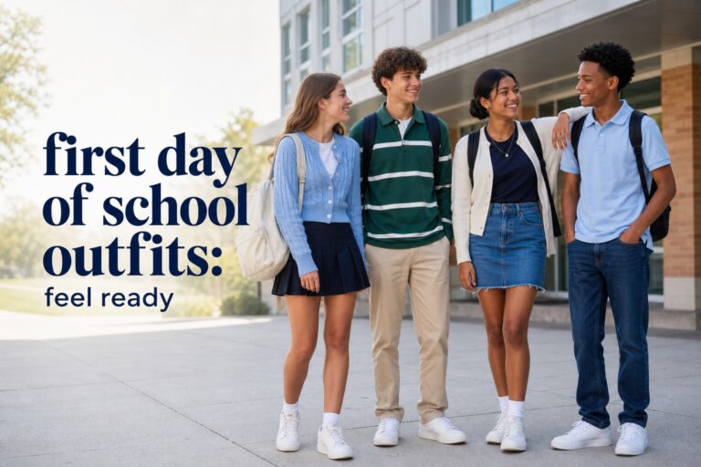 first day of school outfits group outside a school in denim, skirts, cardigans, polos, sneakers, and backpacks