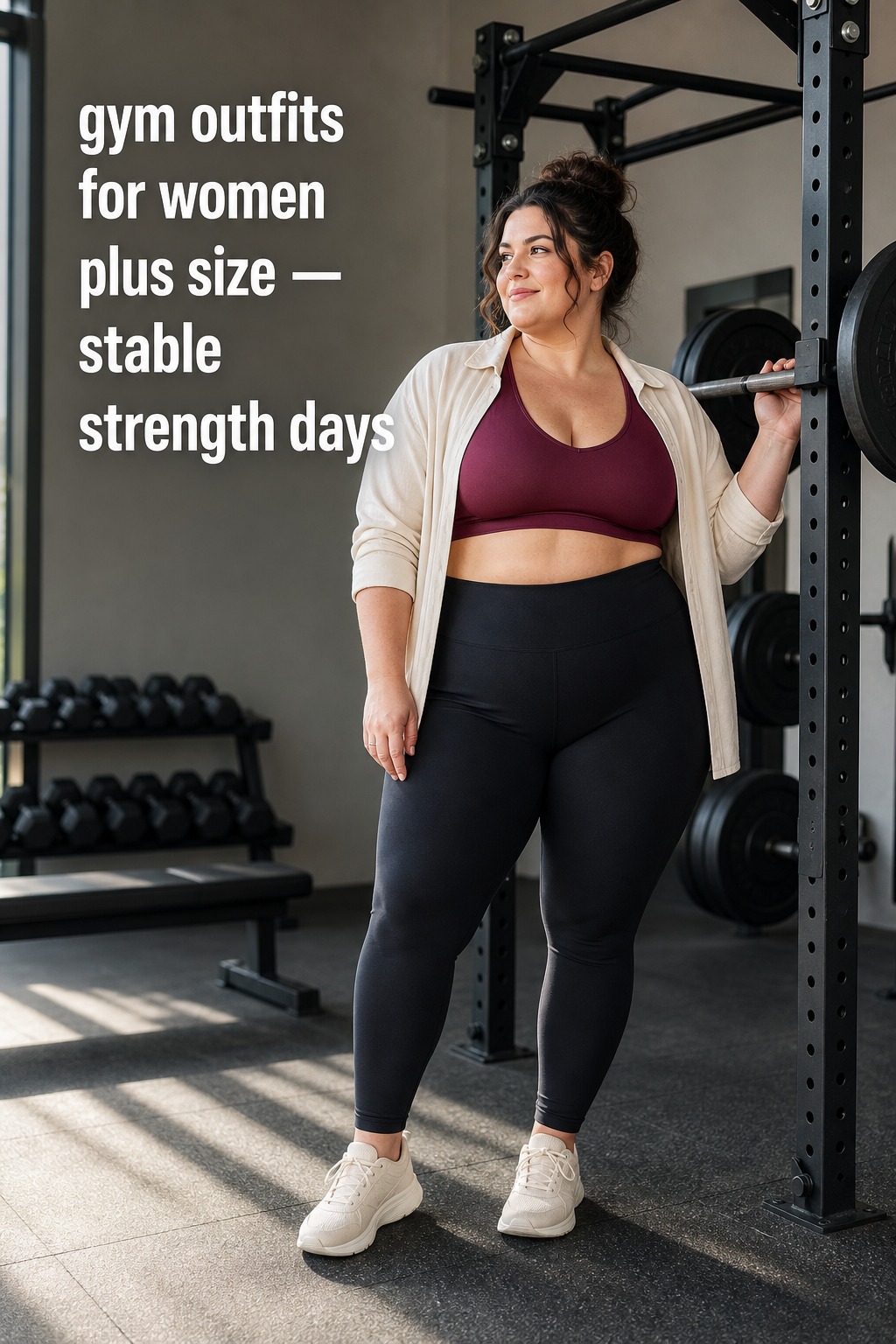 gym outfits for women plus size with black leggings, berry bra, and cream shirt for strength training