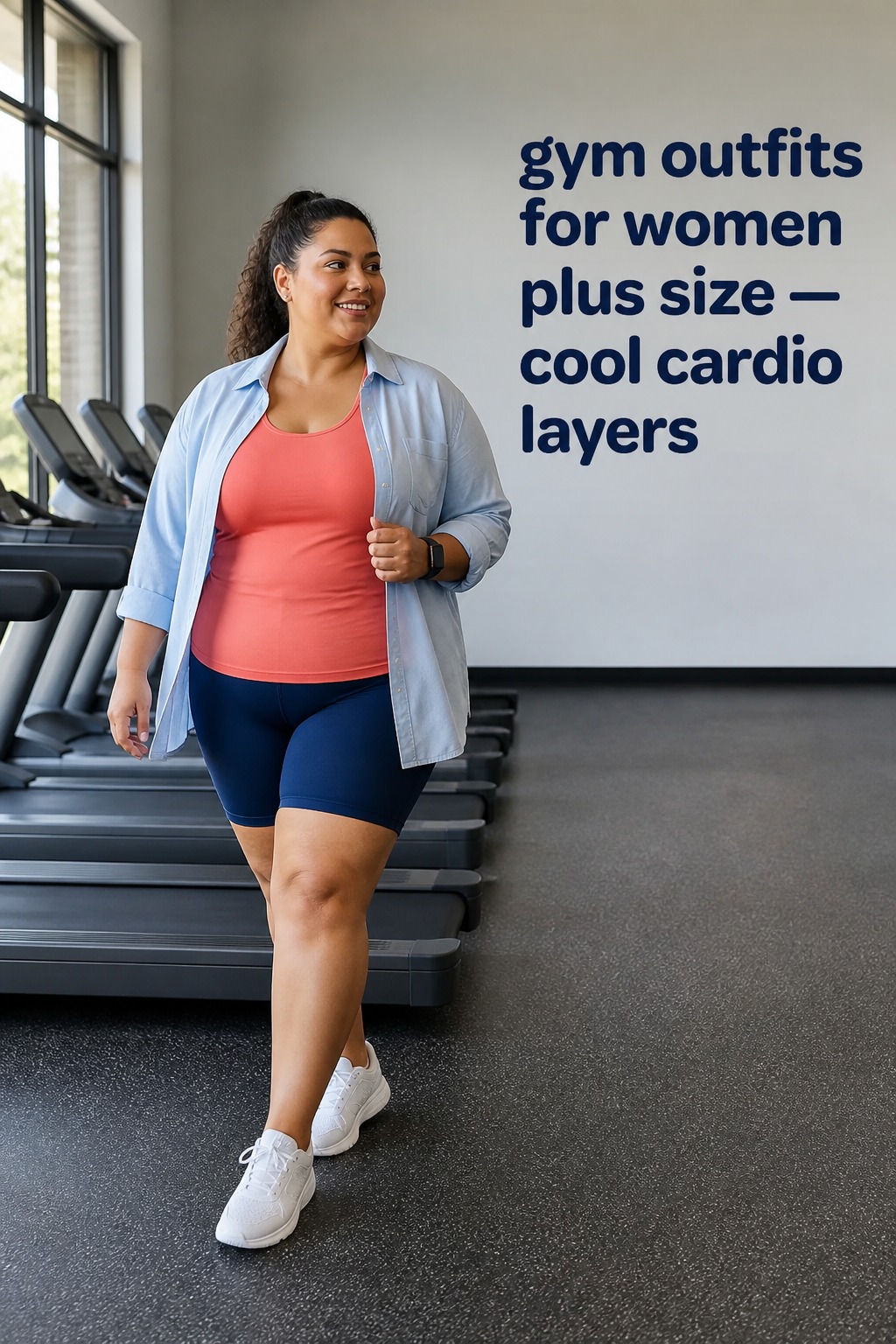 gym outfits for women plus size with navy bike shorts, coral tank, and open shirt for cardio