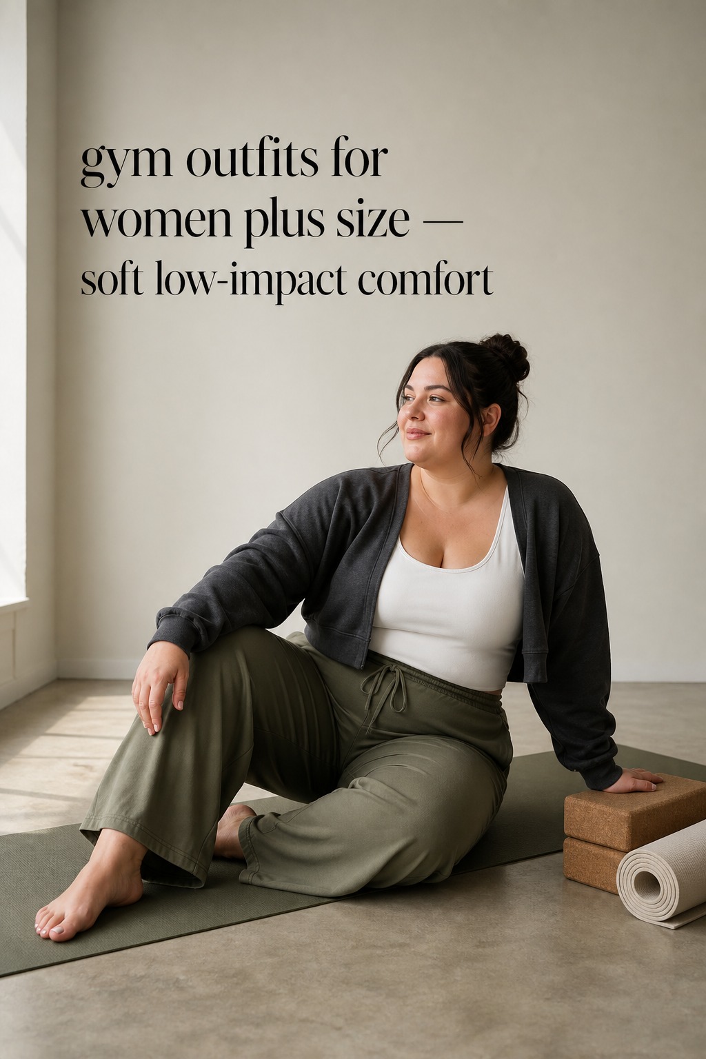 gym outfits for women plus size with olive wide-leg pants and cropped sweatshirt for low impact