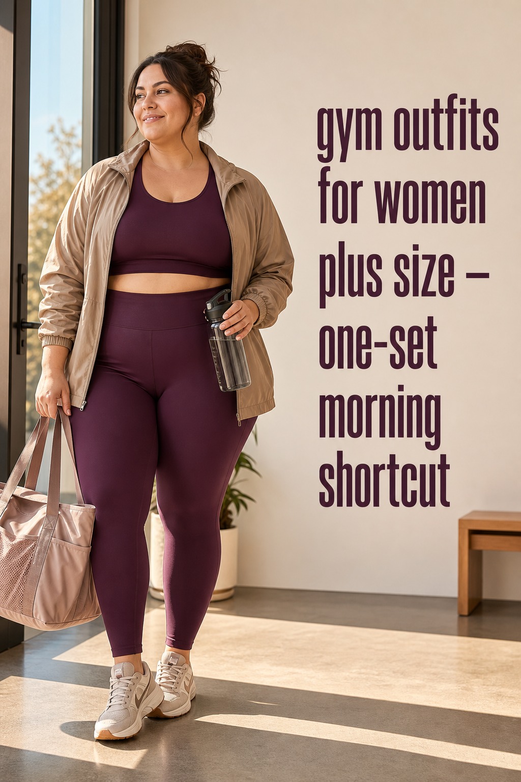 gym outfits for women plus size with plum matching set, tan jacket, trainers, and gym tote