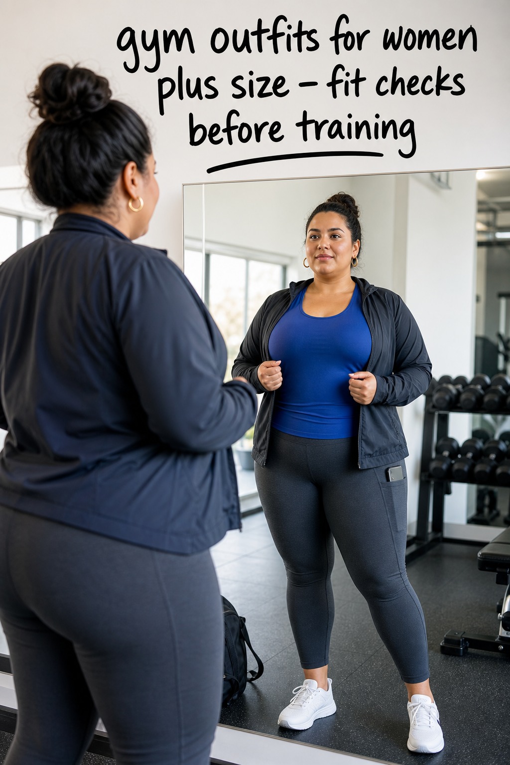 gym outfits for women plus size with cobalt longline top and charcoal leggings fit check