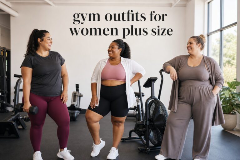 gym outfits for women plus size showing three practical strength, cardio, and low-impact looks