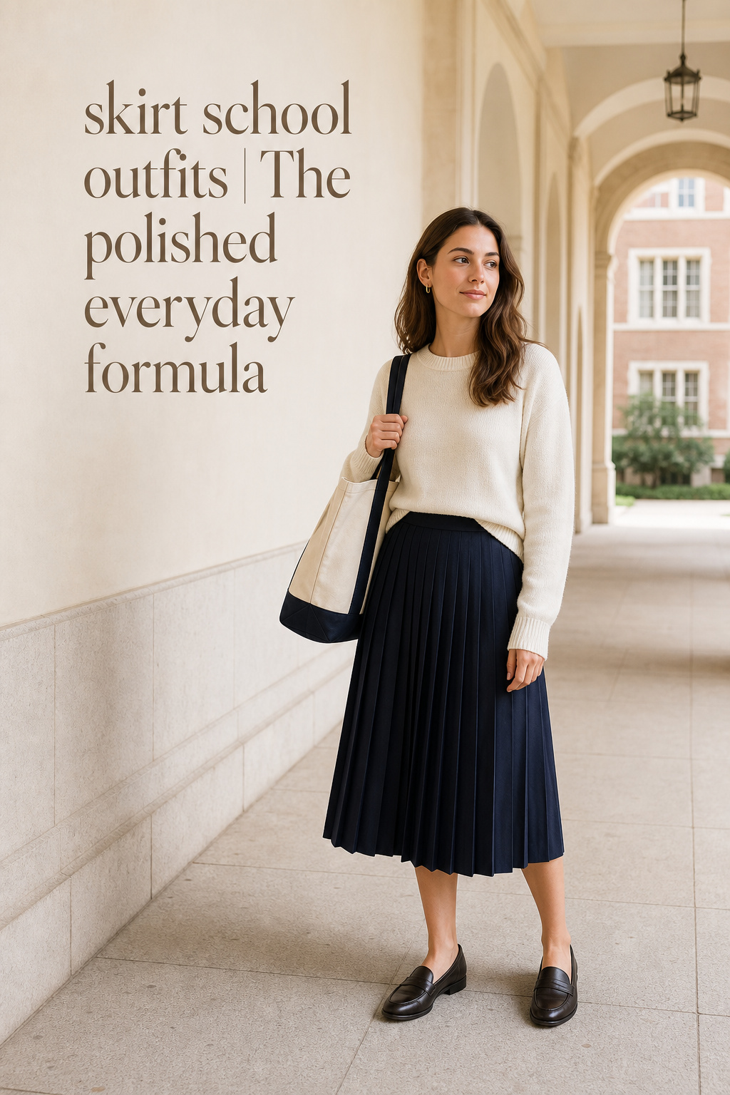 skirt school outfits with a navy pleated skirt and ivory knit on campus
