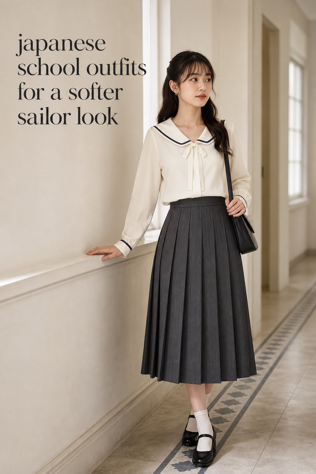 japanese school outfits with a cream sailor blouse and charcoal pleated midi skirt