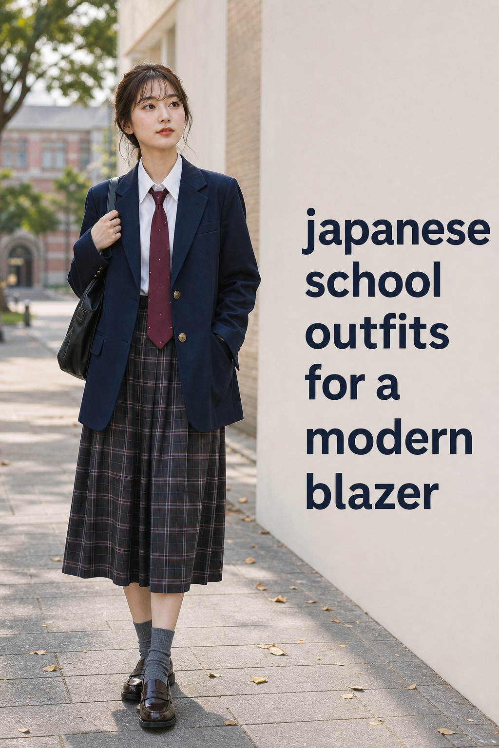 japanese school outfits with a navy blazer burgundy tie and checked skirt