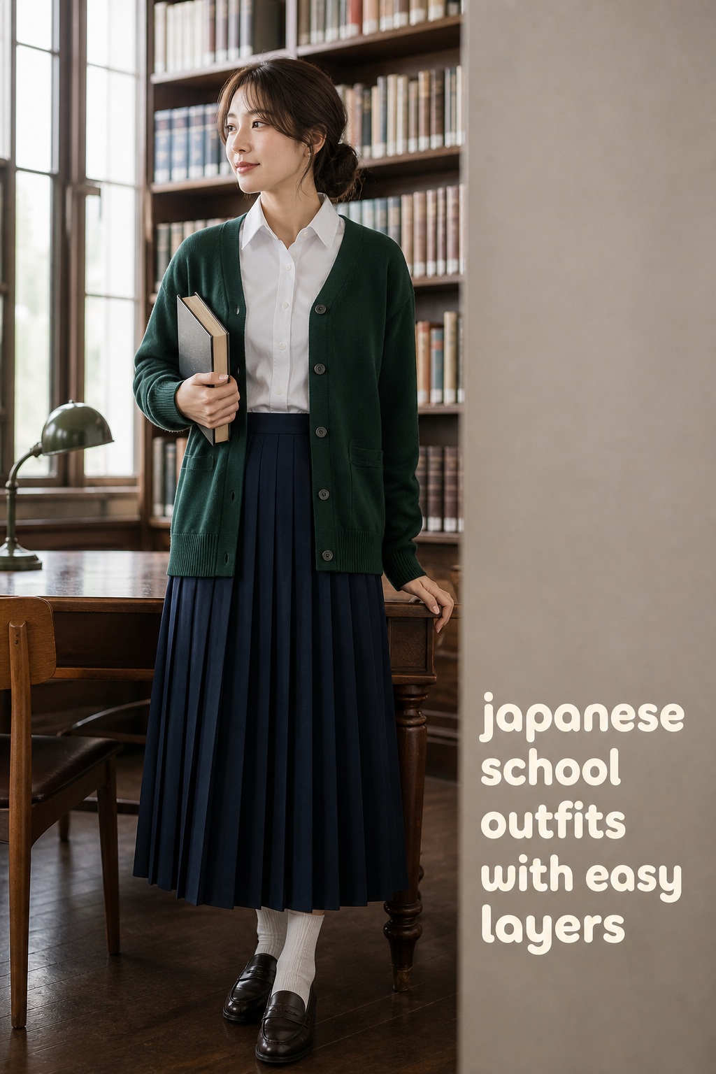 japanese school outfits with a forest green cardigan and navy pleated skirt