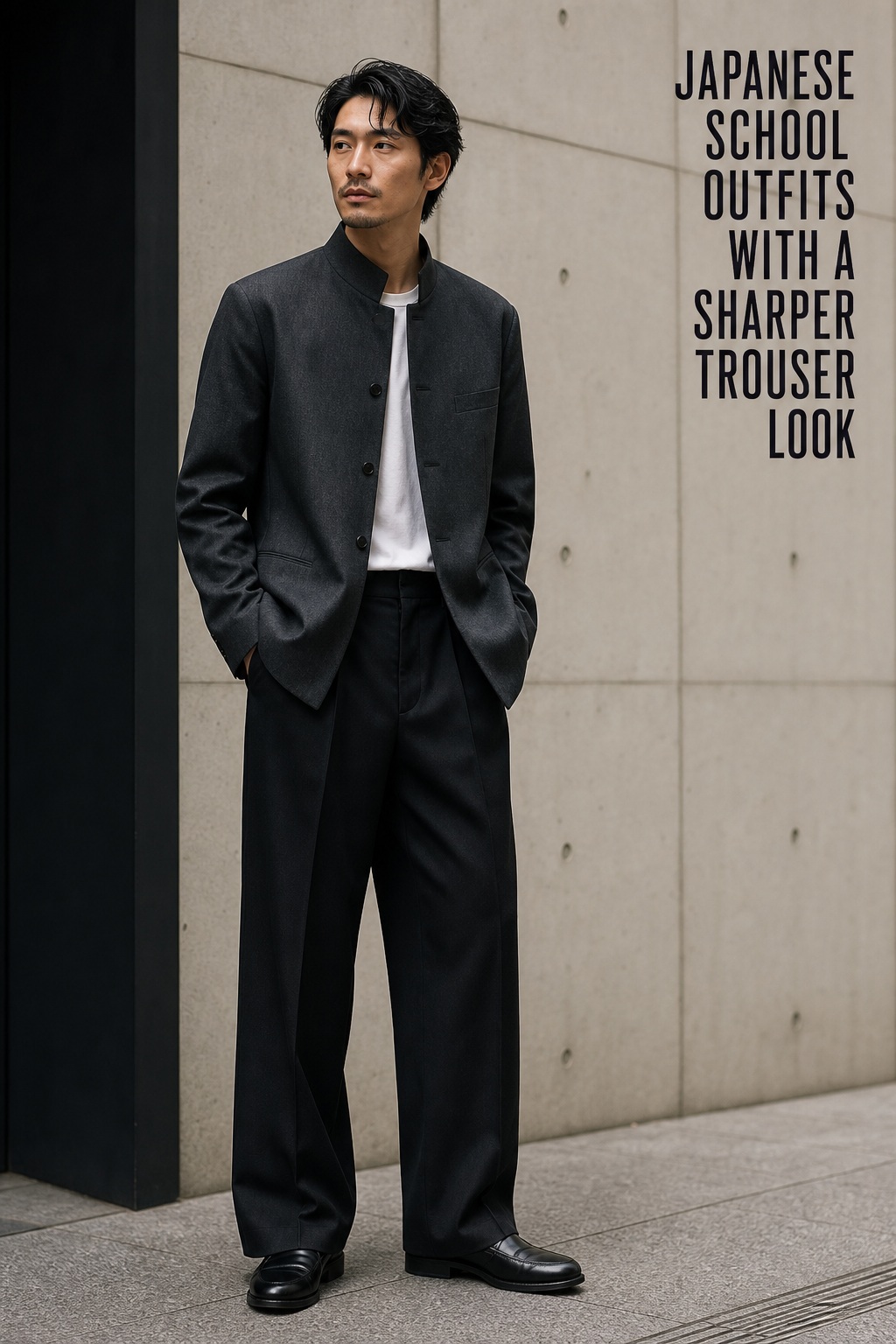 japanese school outfits with a charcoal stand collar jacket and wide trousers