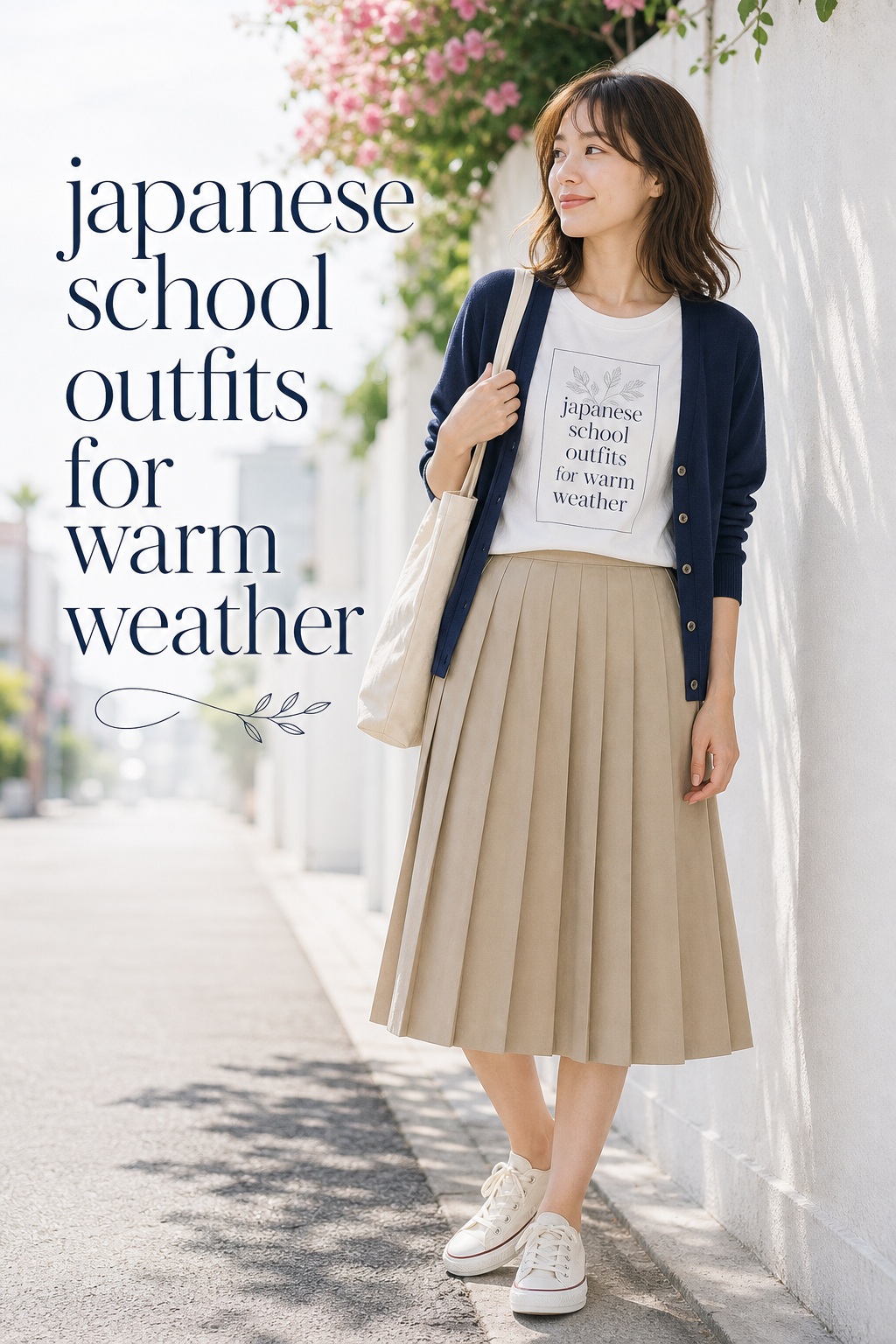 japanese school outfits for warm weather with a navy cardigan and pleated skirt