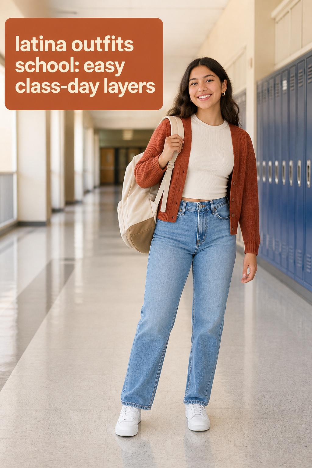 latina outfits school with jeans, cream tee, rust cardigan, and white sneakers in a school hallway