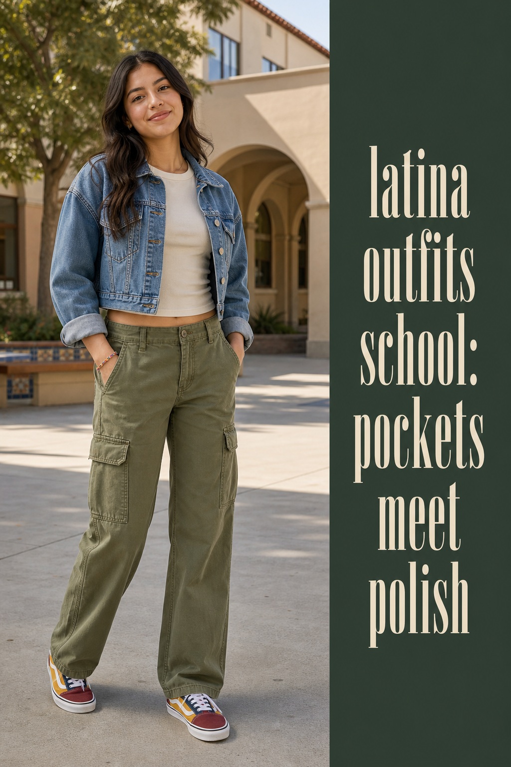 latina outfits school with olive cargo pants, denim jacket, cream tee, and colorful sneakers