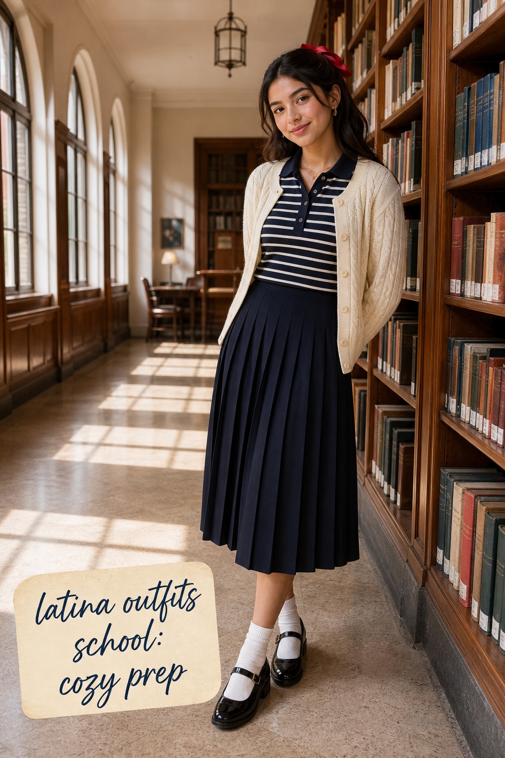 latina outfits school with navy pleated skirt, striped polo, cream cardigan, and Mary Janes