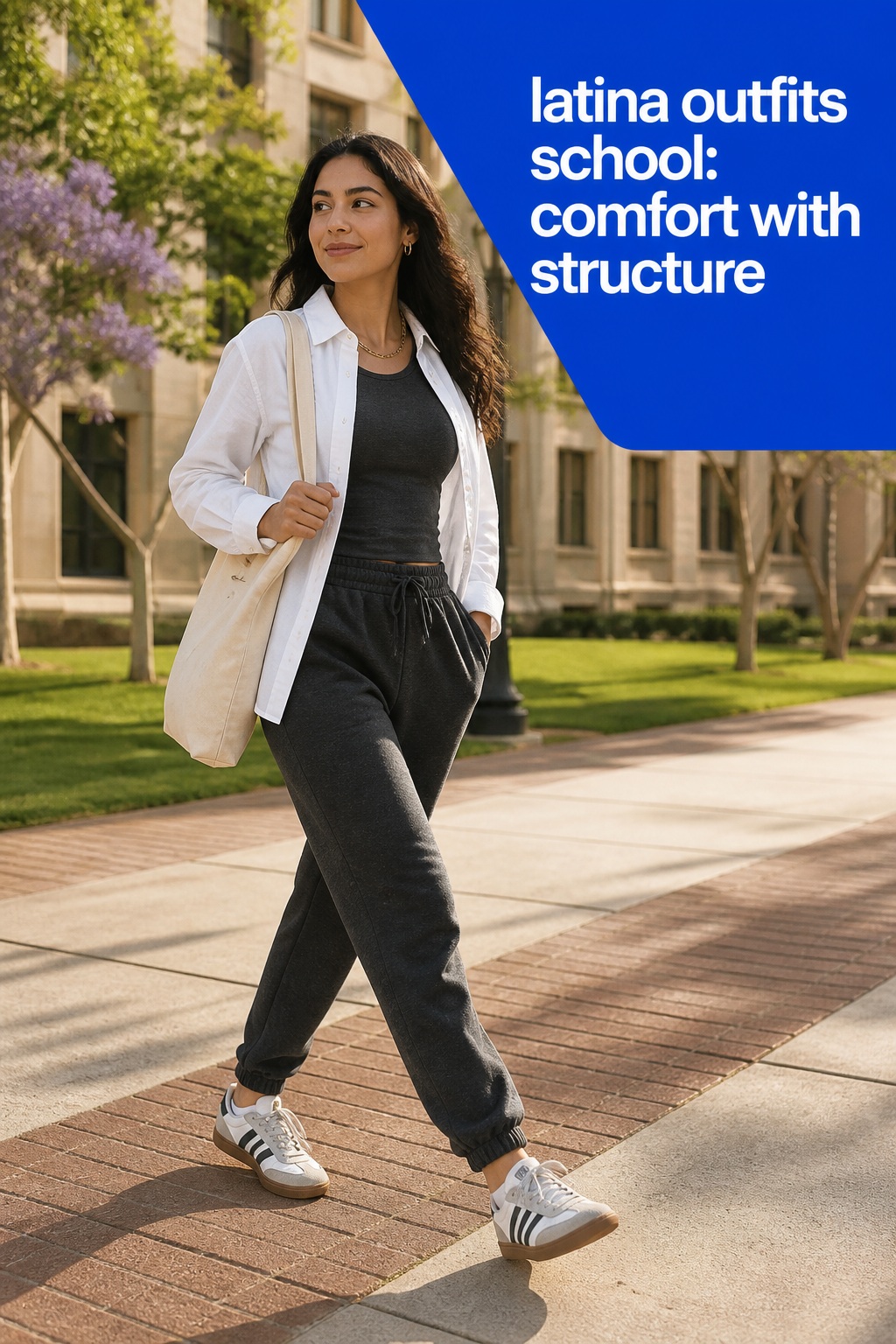 latina outfits school with charcoal joggers, white button-down, sneakers, and canvas tote