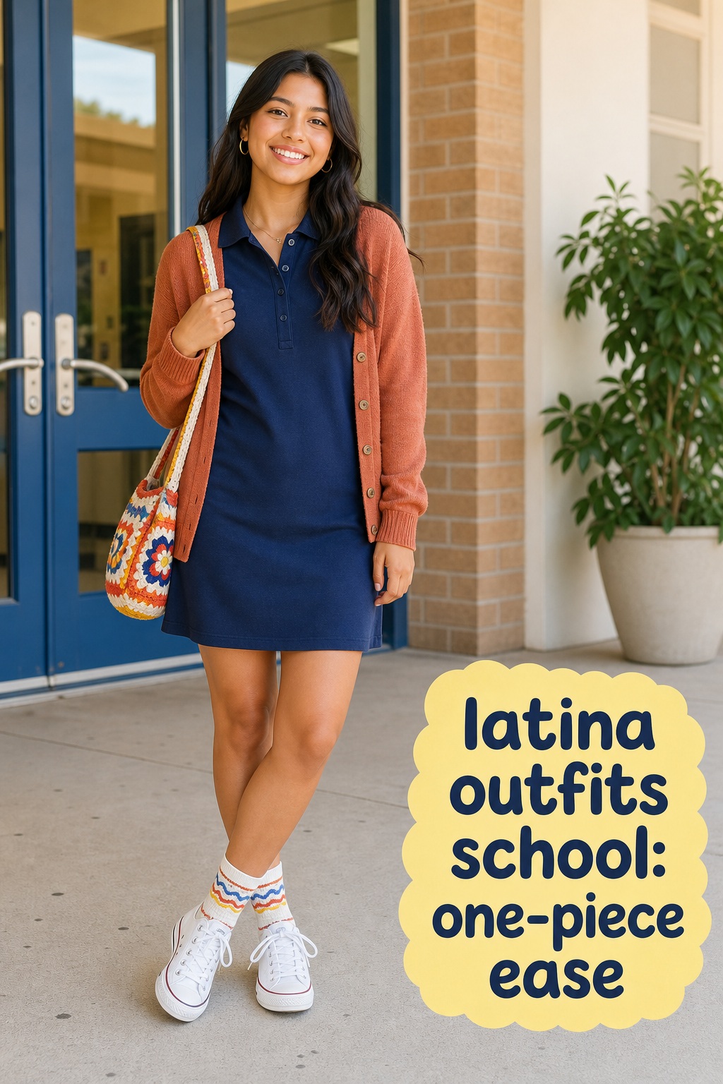 latina outfits school with navy polo dress, terracotta cardigan, sneakers, and colorful shoulder bag