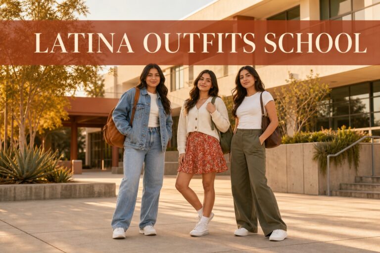 latina outfits school with three students wearing denim, a colorful skirt, and wide-leg pants