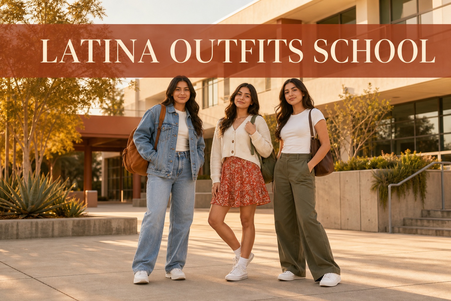 latina outfits school with three students wearing denim, a colorful skirt, and wide-leg pants