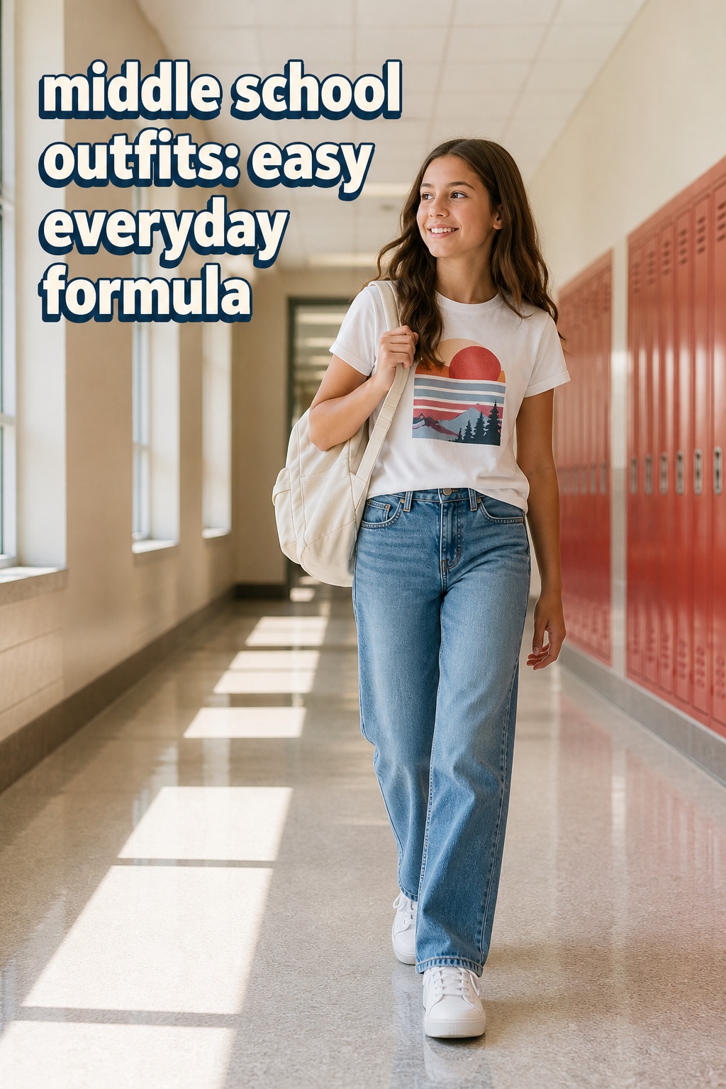 Middle school outfits with graphic tee, straight-leg jeans, sneakers, and backpack